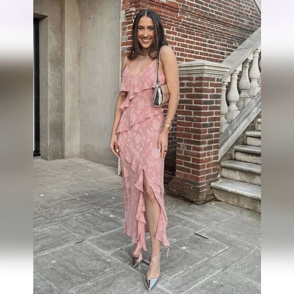 Nwt ZARA RUFFLED JACQUARD DRESS MARSALA Pink Dusty - Picture 1 of 17